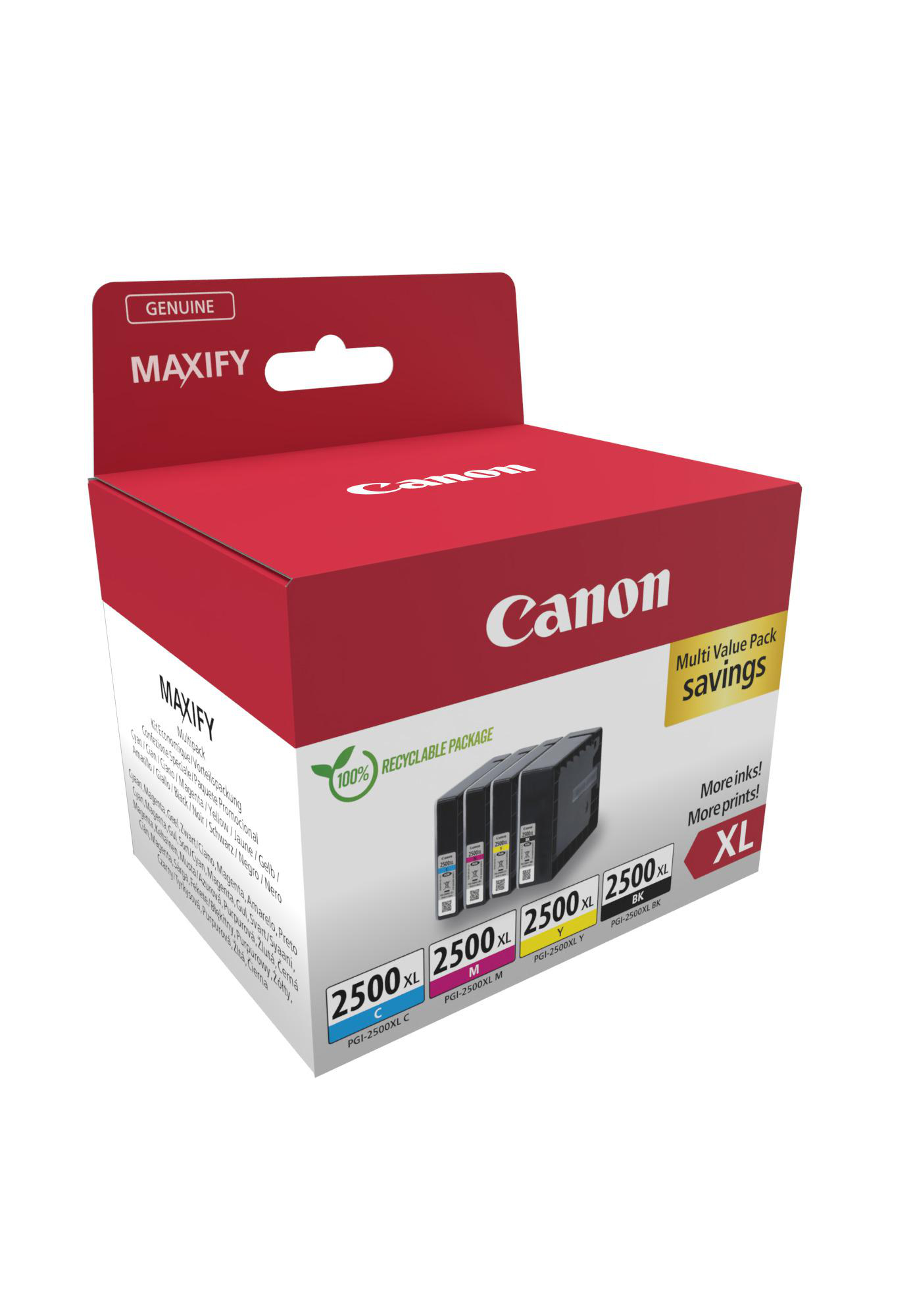 Eine Canon MAXIFY Tintenpatronenbox. Die Box ist rot und weiß und enthält mehrere Tintenpatronen.