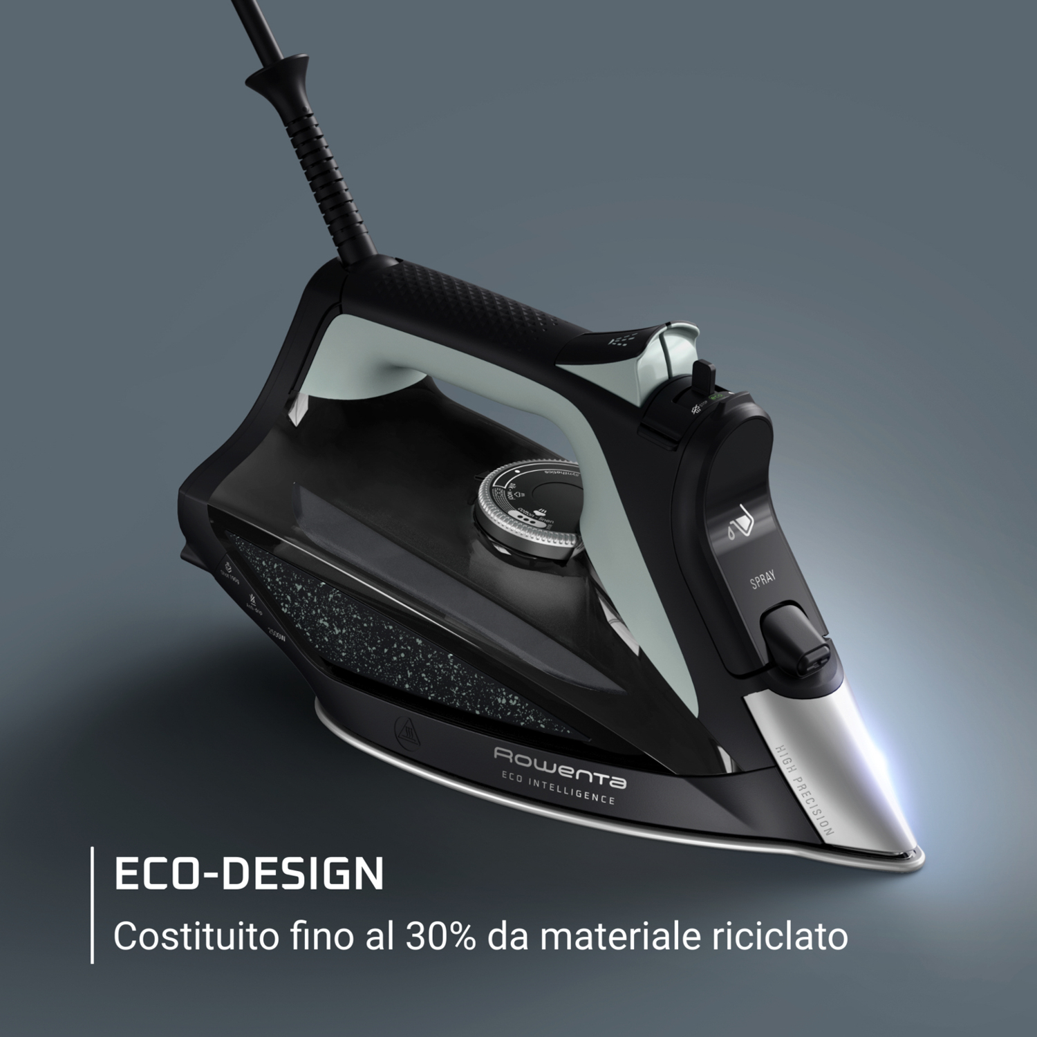 Ferro da stiro nero e grigio con manico bianco. Caratterizzato da testo 'Rowenta' e testo in basso.