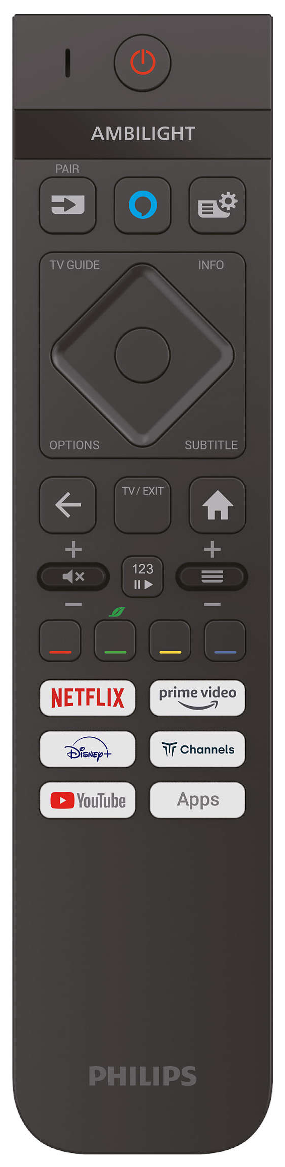Pilot do telewizora Philips z wieloma przyciskami i ikonami aplikacji.
