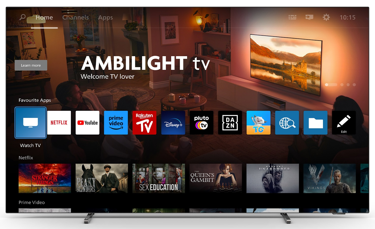 Telewizor Smart TV wyświetlający ekran główny z ikonami aplikacji, takich jak Netflix i Prime Video. Widoczny jest Ambilight tv.