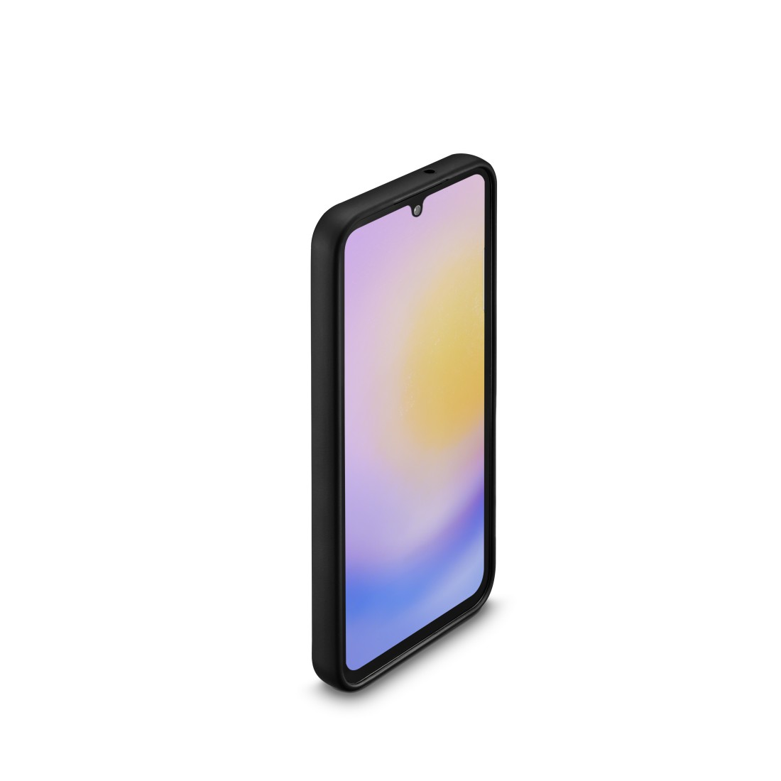 Ein schwarzes Smartphone, schräg, zeigt einen Bildschirm mit Farbverlauf vor weißem Hintergrund.