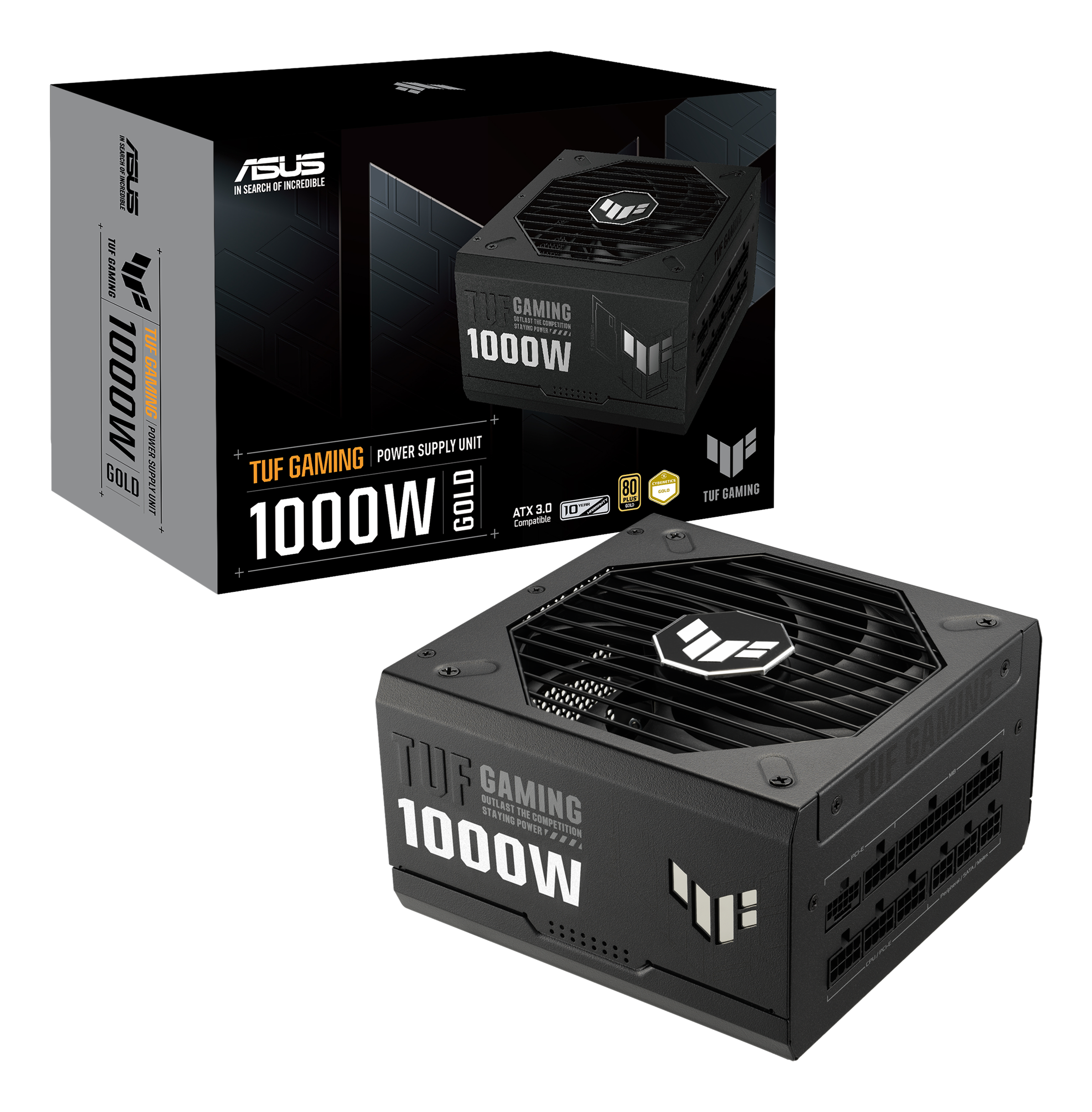 Schwarzes Netzteil mit TUF Gaming Logo und 1000W Aufschrift, daneben die Verpackung.