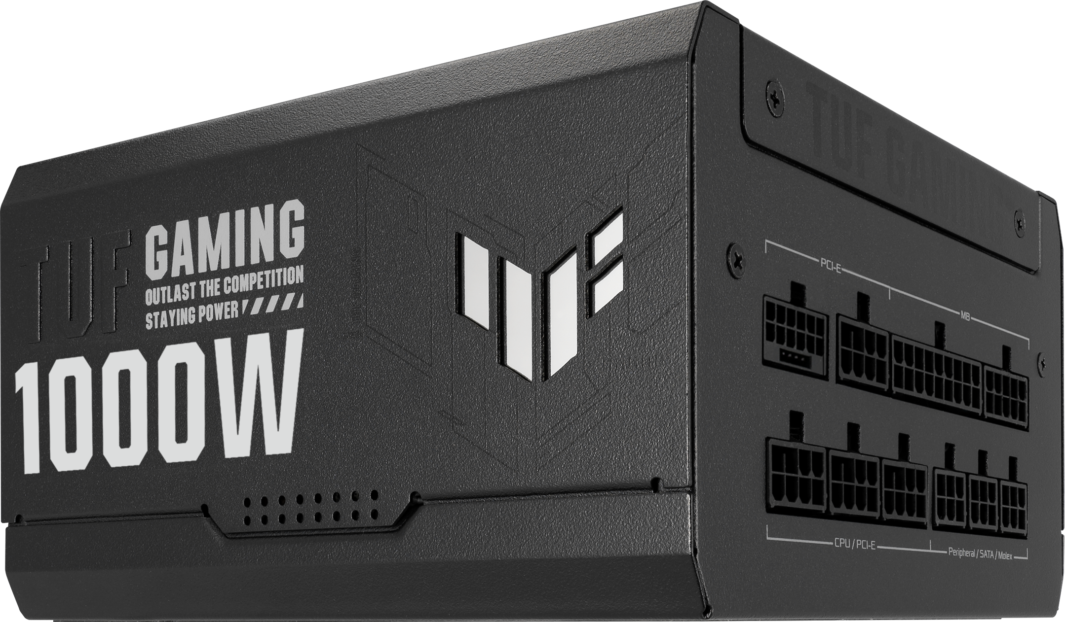 Schwarzes Netzteil mit 1000W, TUF Gaming Logo und Anschlüssen.
