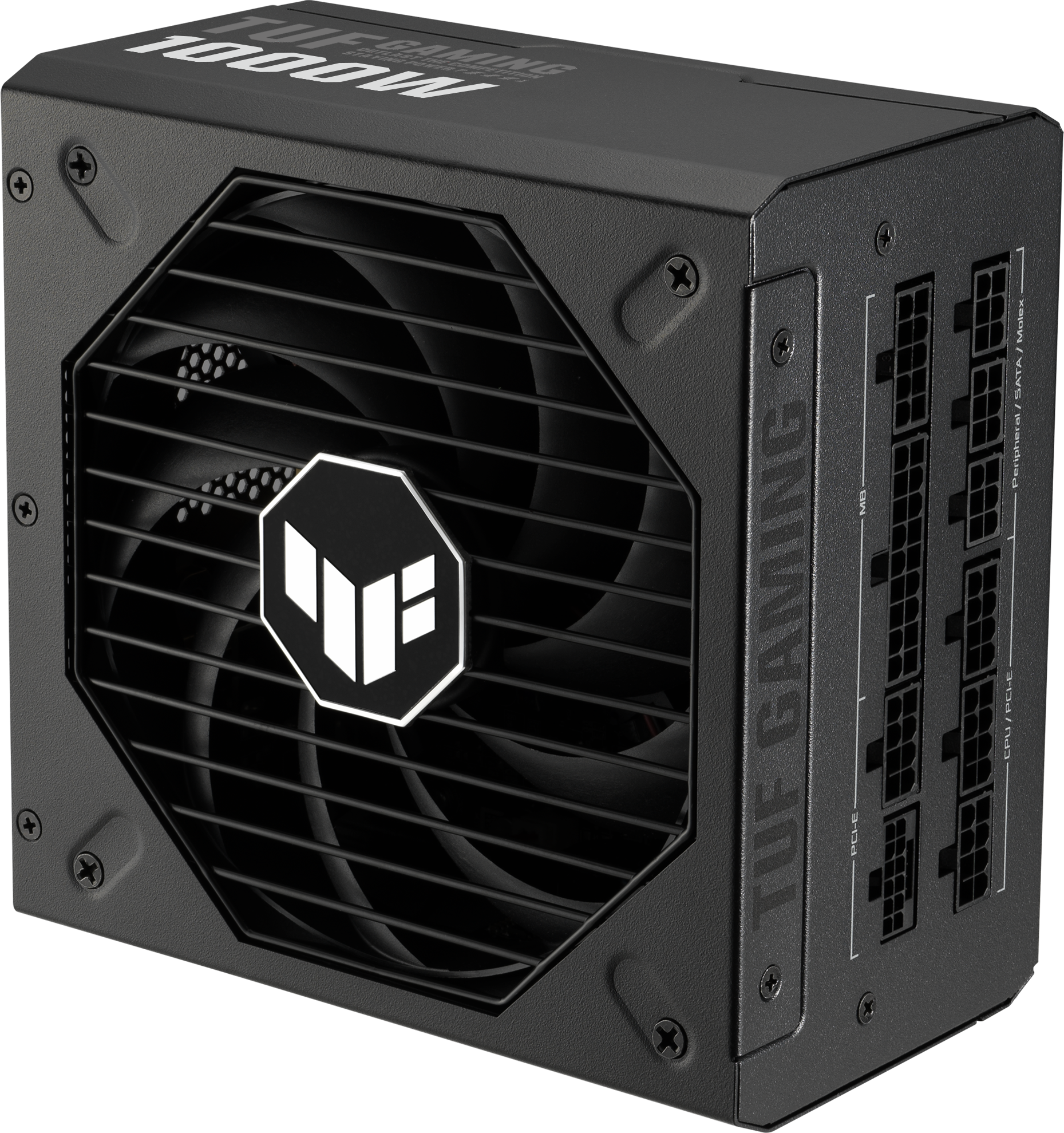 Schwarzes Netzteil mit Lüfter und Anschlüssen, Beschriftung TUF GAMING 1000W.