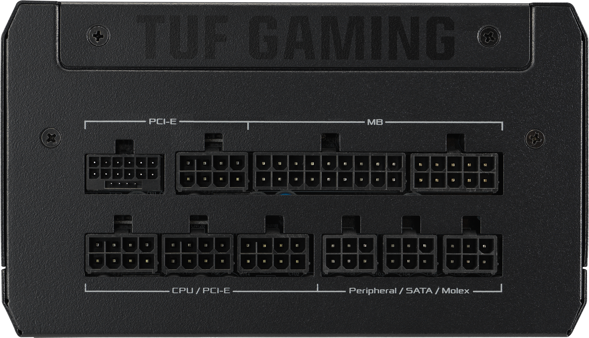 Schwarzes Netzteil mit beschrifteten Anschlüssen für PCI-E, MB, CPU/PCI-E und Peripherie.