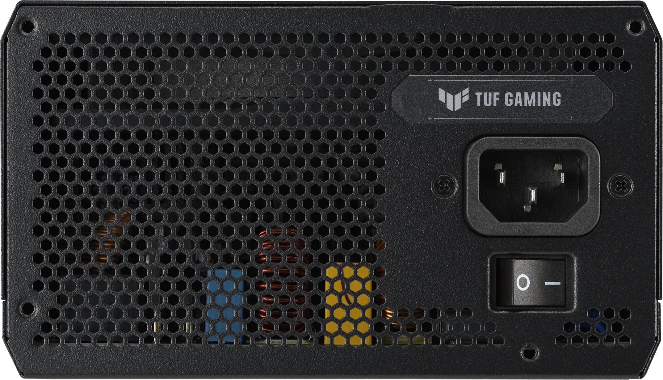 Schwarzes Netzteil mit Lüftungsgitter, TUF GAMING-Logo, Stromanschluss und Schalter.