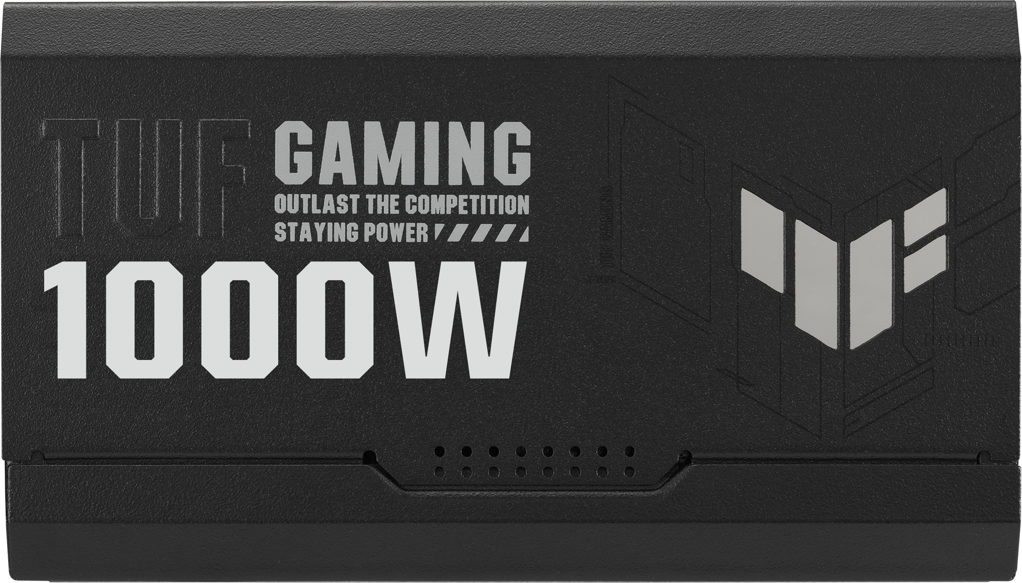 Schwarzer Kasten mit silbernen Aufdrucken: TUF GAMING 1000W und Logo.