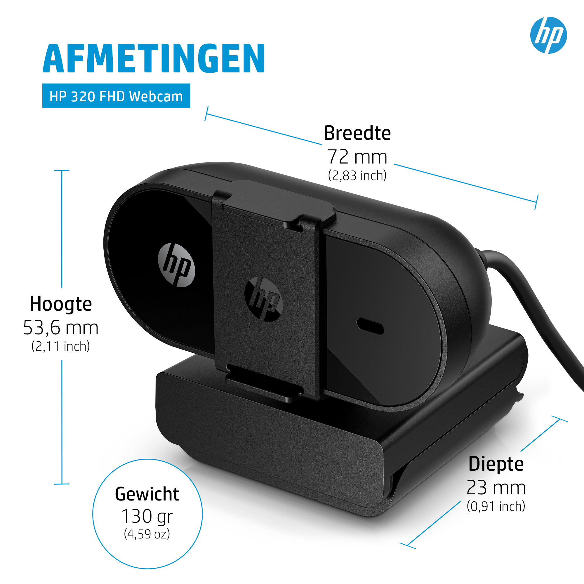Black webcam with dimensions and HP logo.