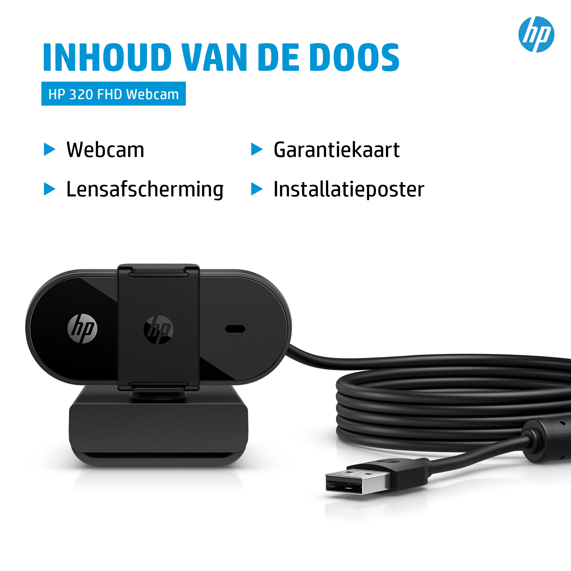 An HP webcam with a USB cable. The image shows the webcam and the included items: webcam, lens cover, and poster.