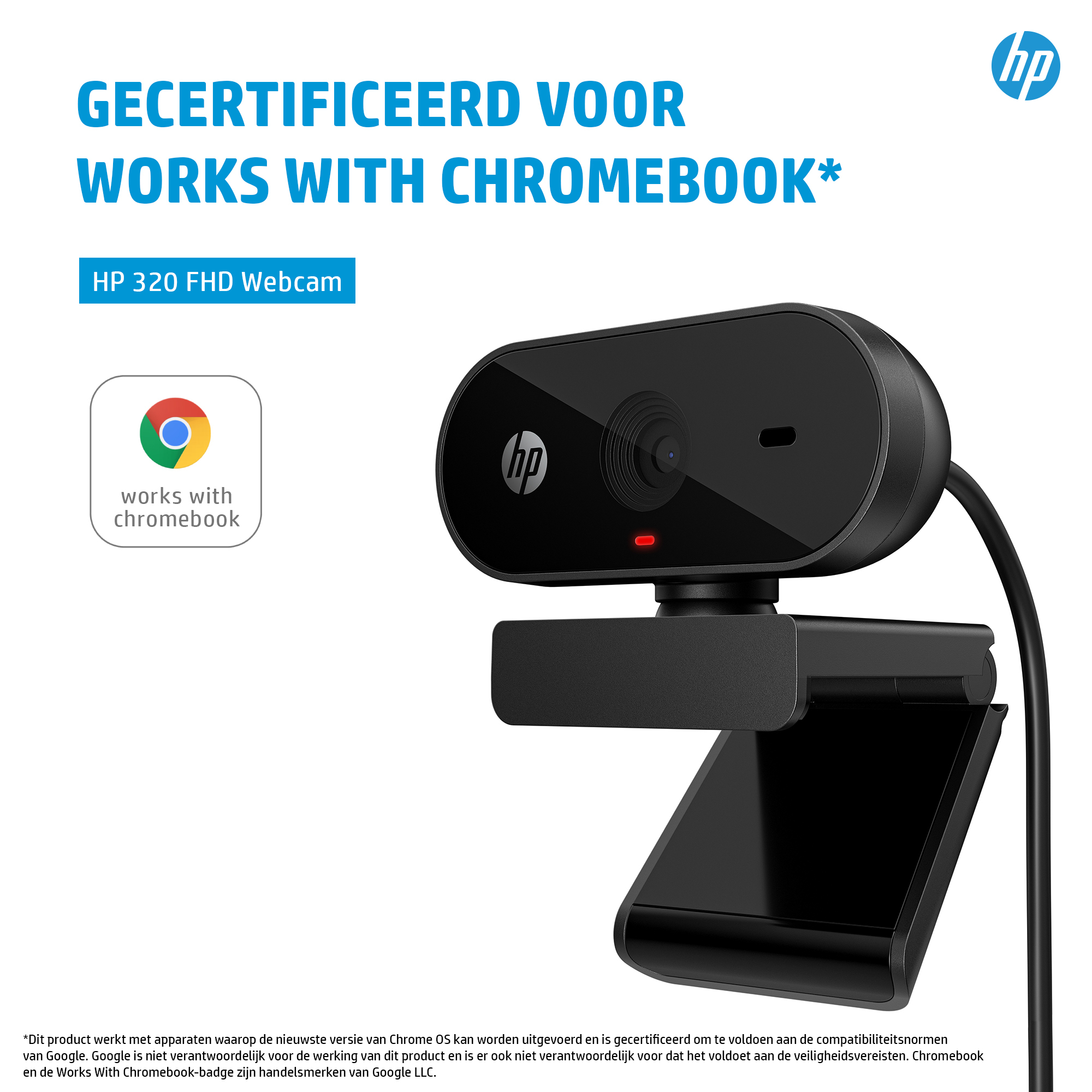 A black HP webcam with 'Works with Chromebook' text and logo, on a white background.