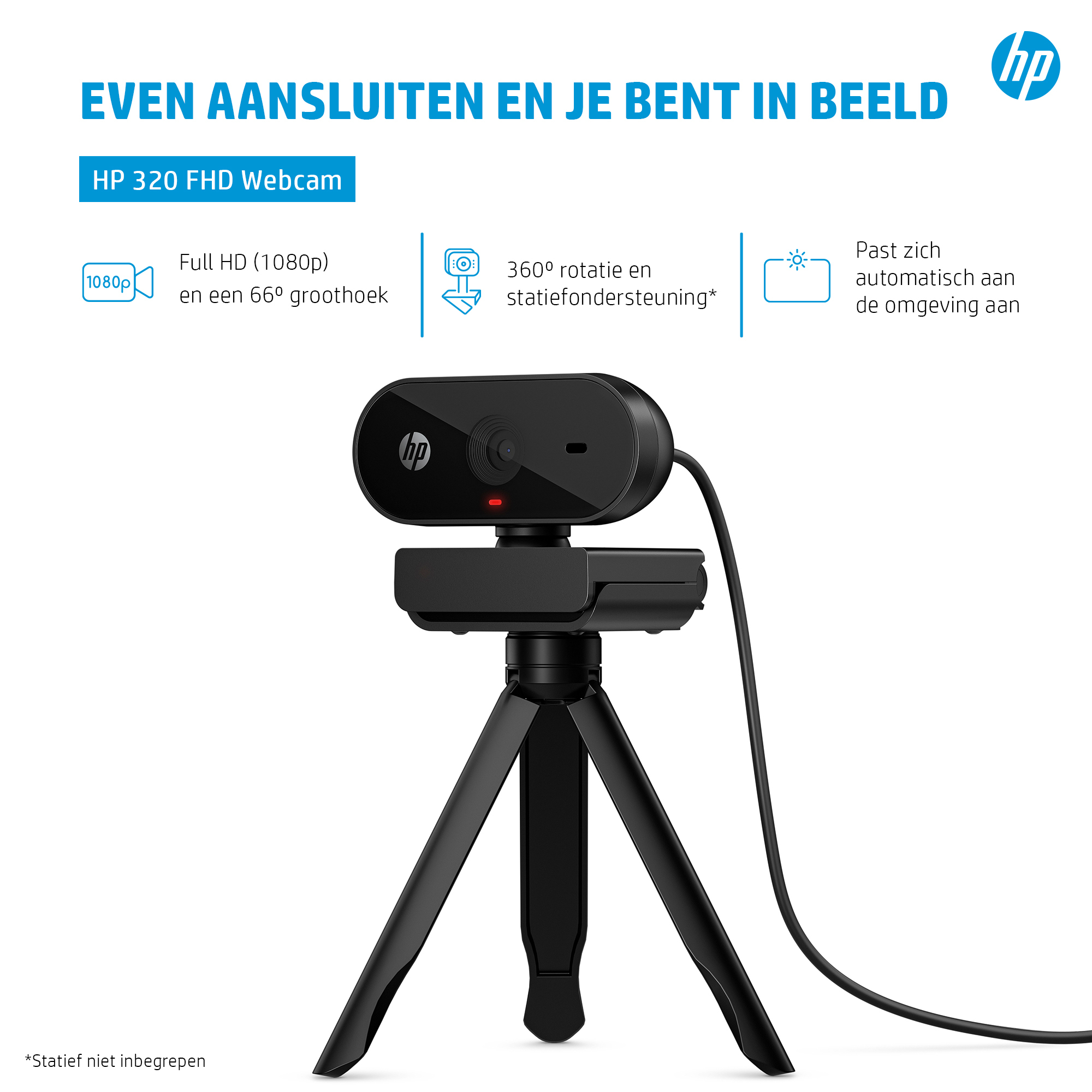 Black HP webcam on a tripod, with text about its features.