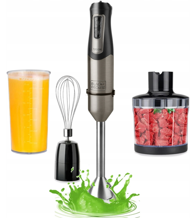 Blender z akcesoriami, sok pomarańczowy, trzepaczka i pojemnik mięsa, zielony rozprysk.