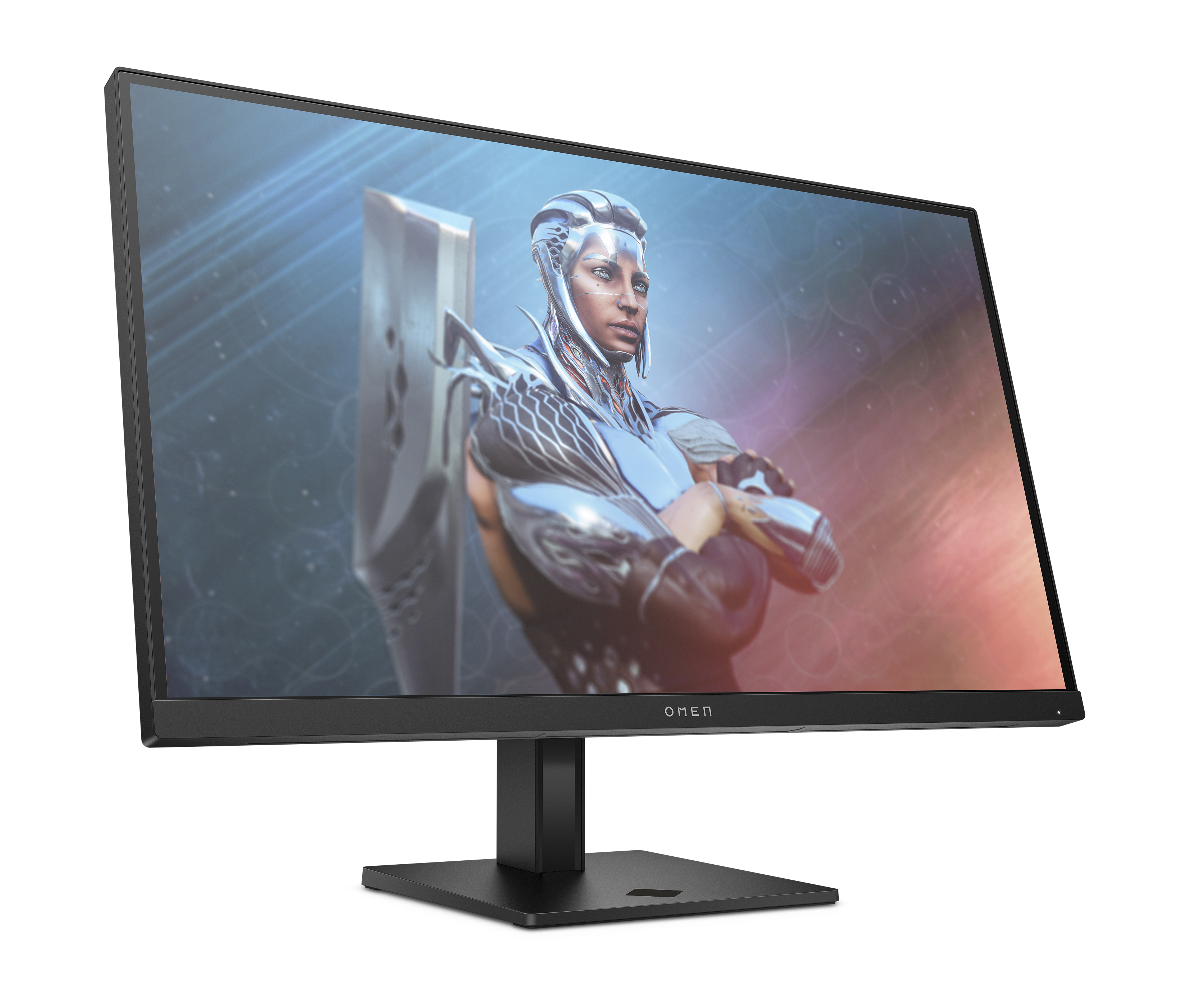 Omen oyun monitörü, fütüristik zırhlı bir kadın gösteriyor, siyah bir stand üzerinde.