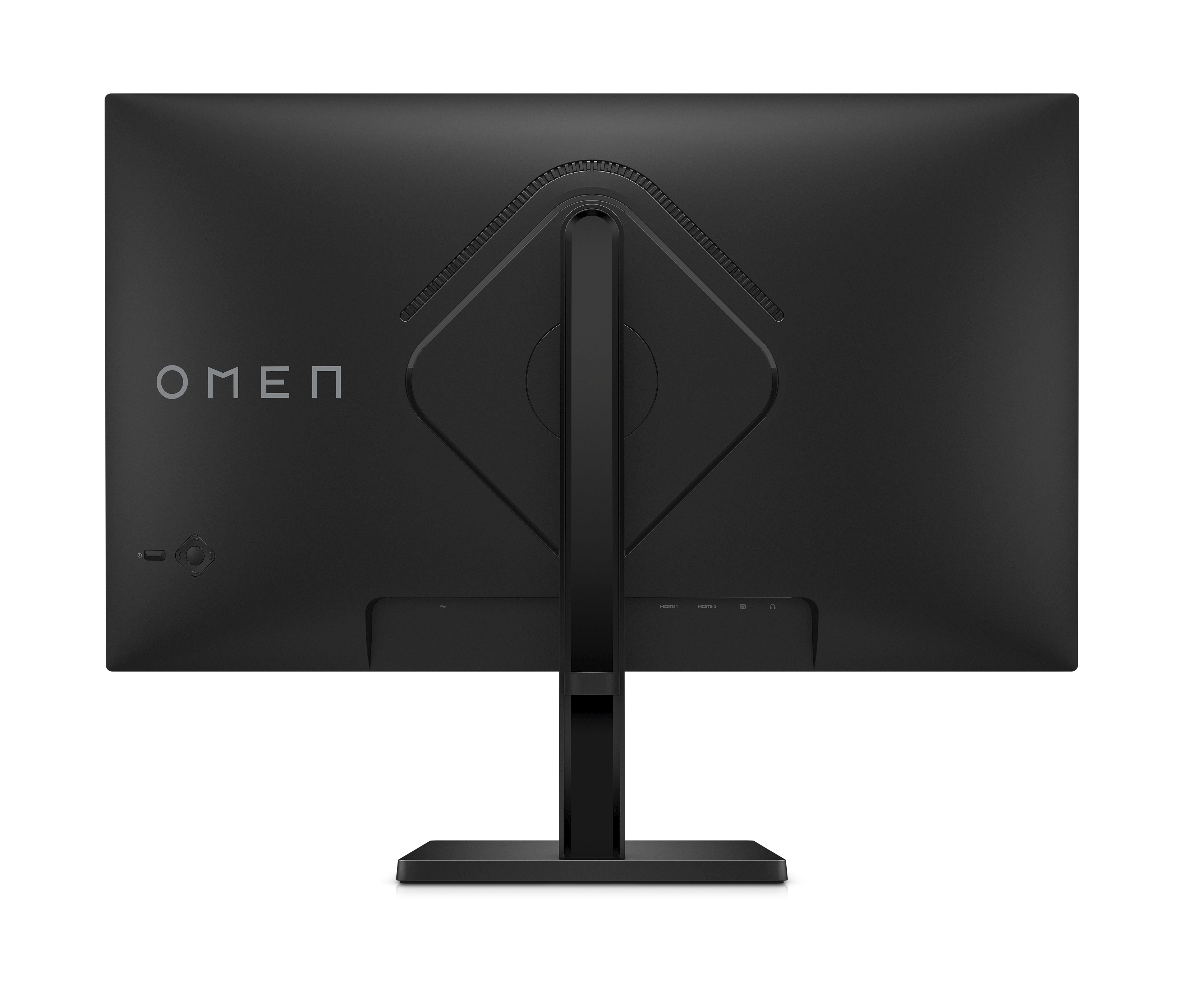 Siyah bir bilgisayar monitörünün arkası, standlı. OMEN marka adı görünür.