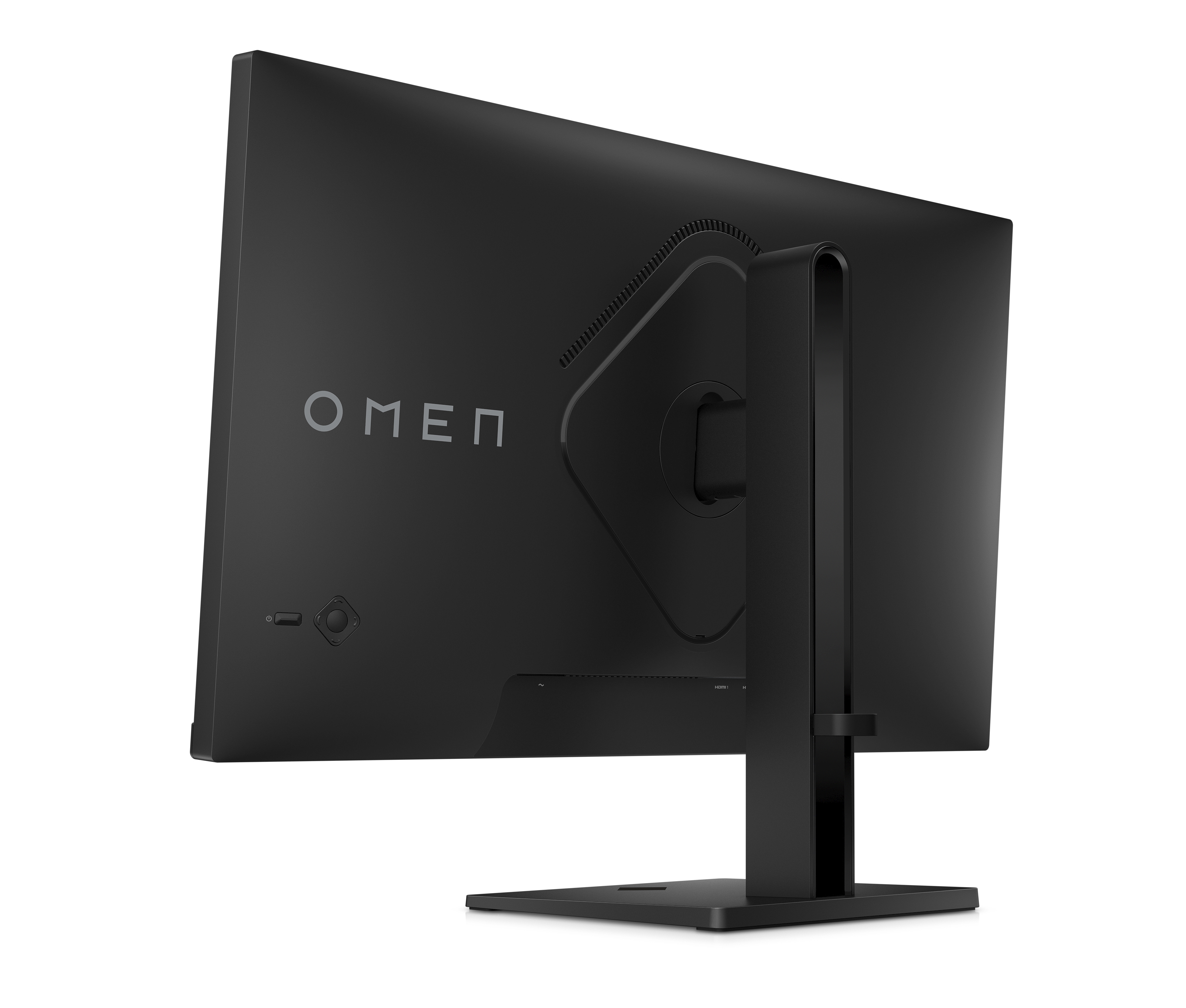 Siyah bilgisayar monitörü arkadan görünüm. OMEN logosu görünür. Stand ve bağlantılar da gösterilir.