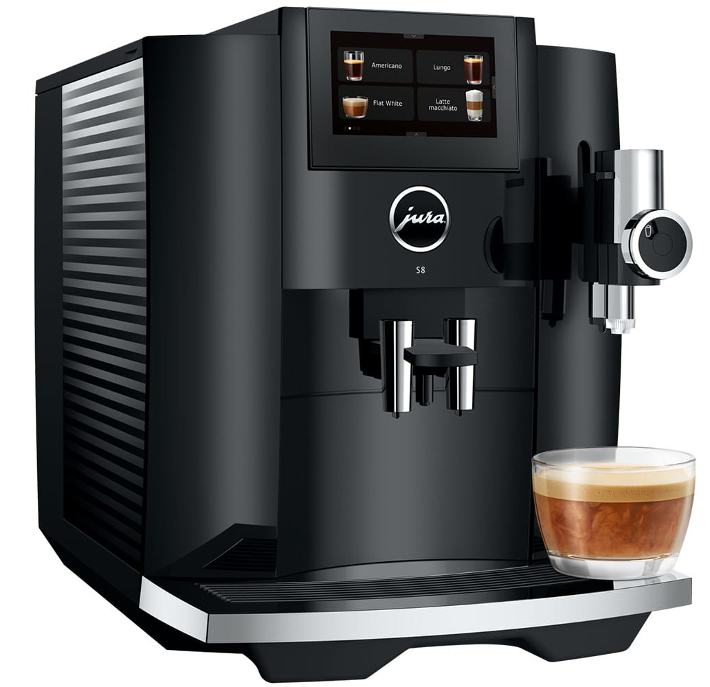 Czarny ekspres do kawy z przezroczystą szklanką kawy, z logo Jura.