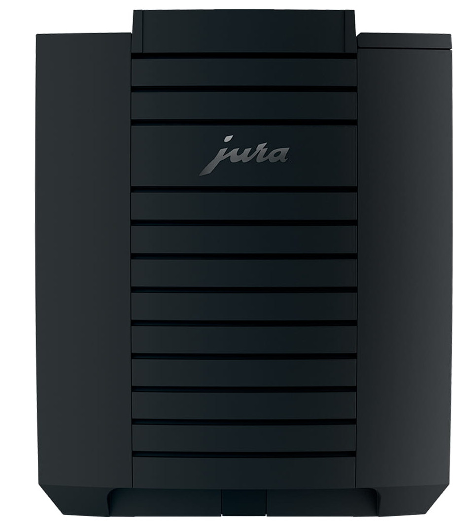 Czarny ekspres do kawy Jura o eleganckim designie, pokazujący nazwę marki.