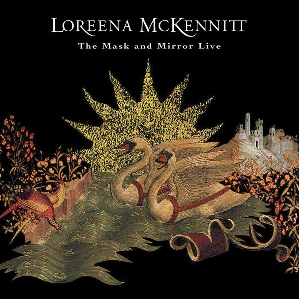 Albumcover: Loreena McKennitts 'The Mask and Mirror Live'. Schwäne, verzierte Details und mittelalterlicher Stil.