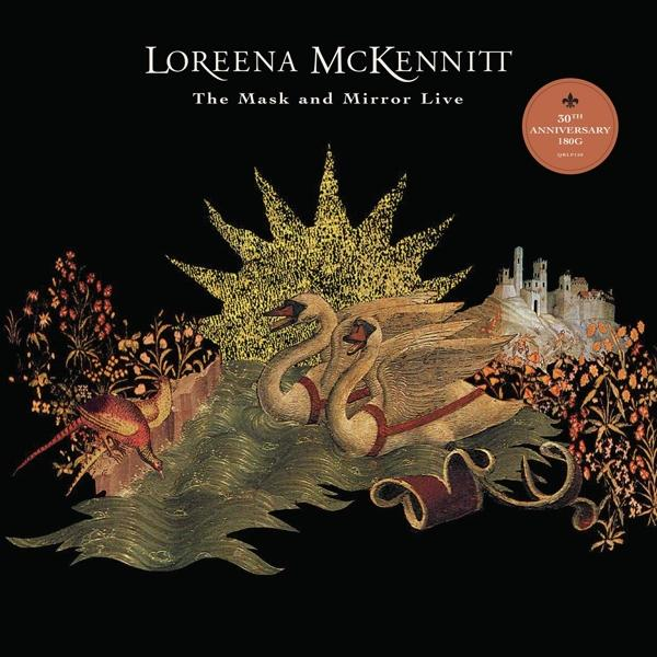 Albumcover mit Schwänen, einer Sonne und einem Schloss. Der Titel lautet Loreena McKennitt, The Mask and Mirror Live.