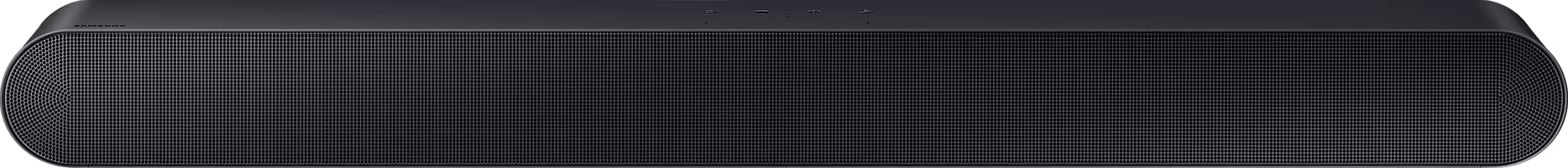Une barre de son noire et rectangulaire avec une façade en mesh, probablement pour un home cinéma.
