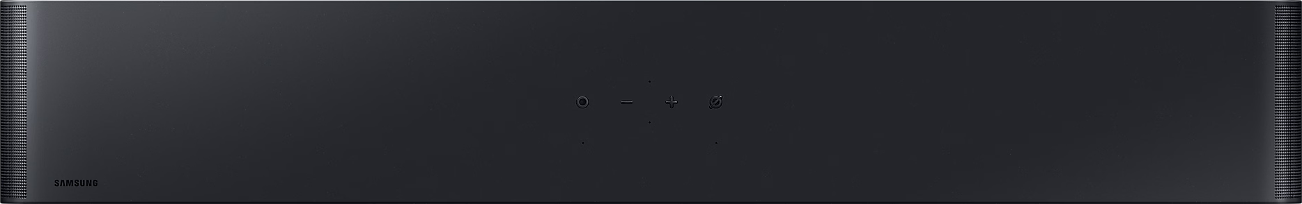 Barre de son Samsung noire avec des commandes au centre.