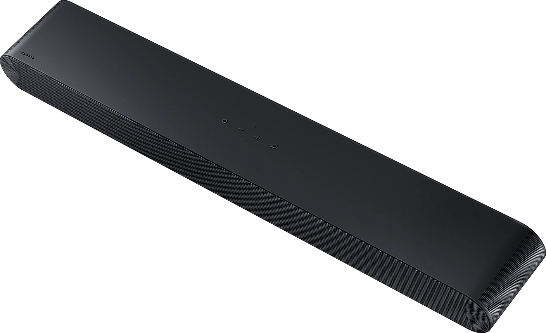 Une barre de son Samsung noire et élégante sur fond noir. La barre de son a trois petits boutons.