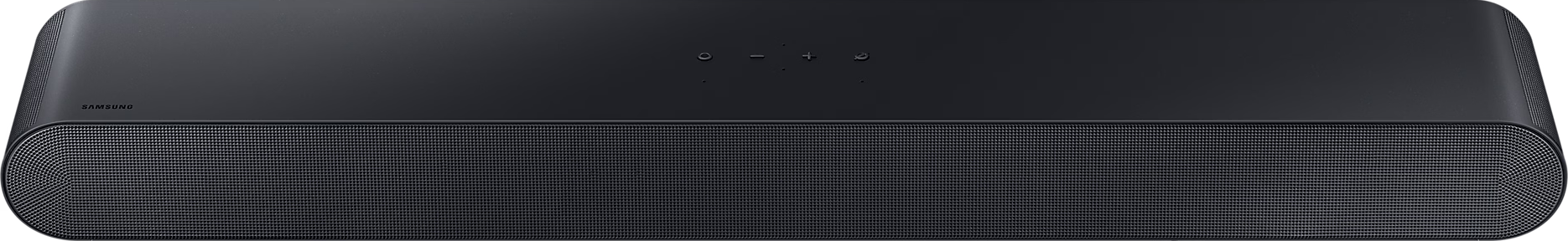 Une barre de son noire. Trois boutons dessus et une grille de haut-parleur en façade.