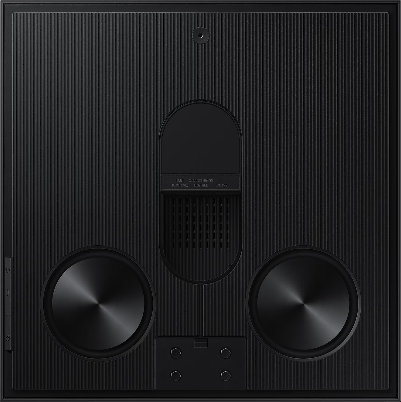 Haut-parleur rectangulaire noir. Comprend deux haut-parleurs circulaires, un panneau de commande central et un haut-parleur supérieur.