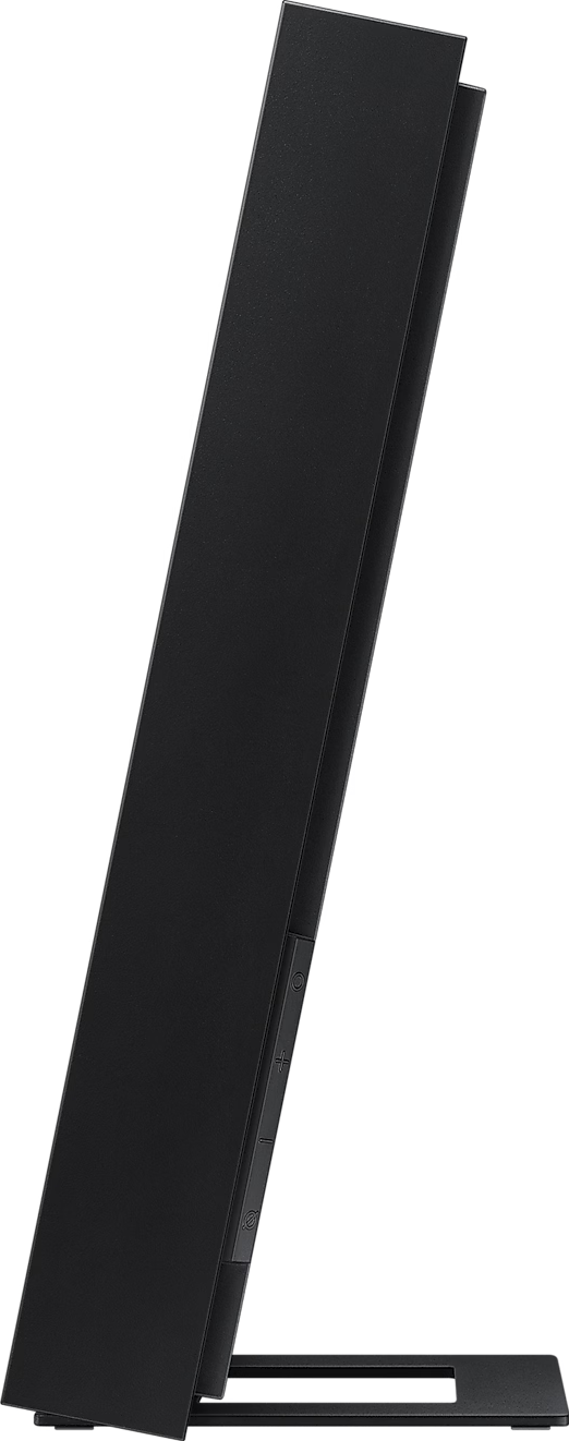 Un support de télévision noir, légèrement incliné sur le côté, sur fond bleu.