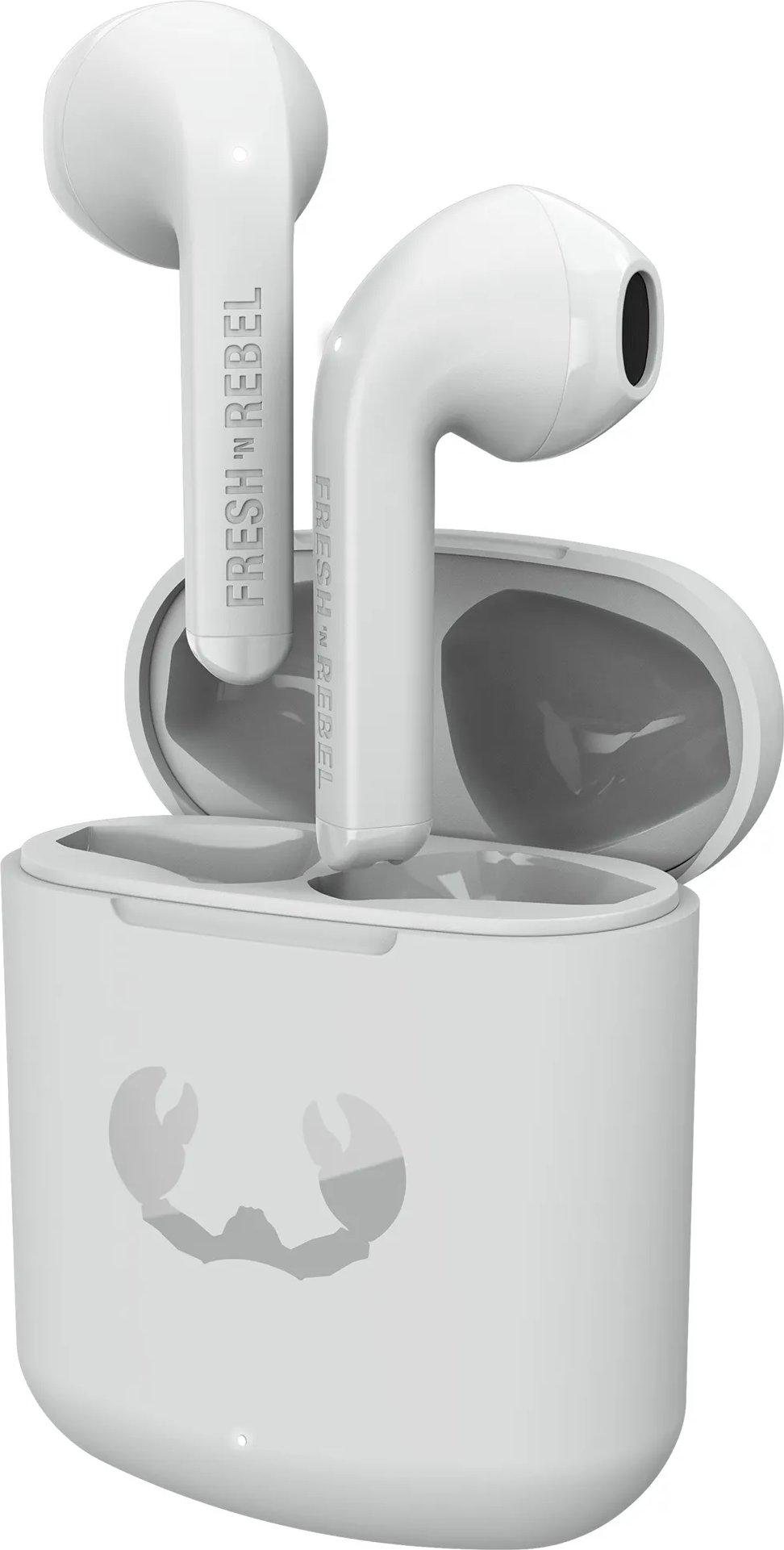 Weiße kabellose Ohrhörer in einem weißen Ladecase, mit Logo.