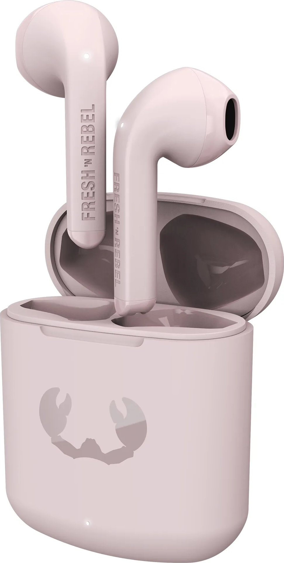Rosa Fresh 'n Rebel Ohrhörer mit Ladecase. Das Case ist offen und hat ein Krebs-Logo.