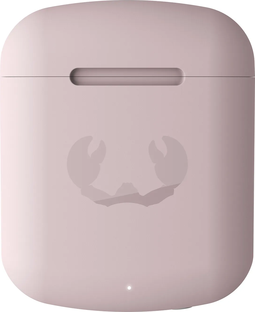 Rosa Ohrhörer-Etui mit Logo. Unten ein weißes Licht. Abgerundete Oberseite.