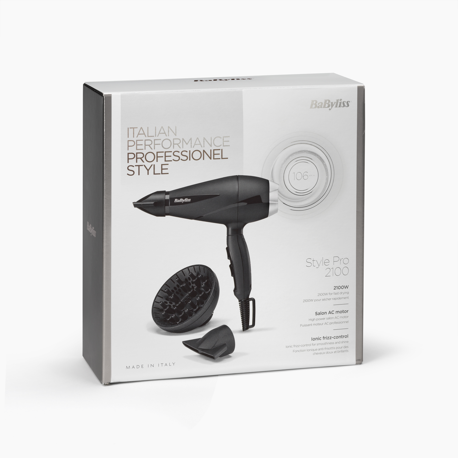 A white box contains a black Babyliss hair dryer with attachments.