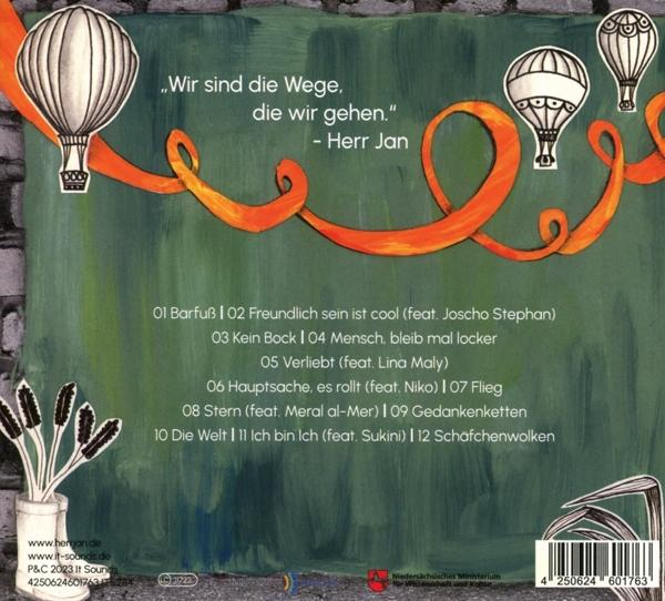 Rückseite eines Albums mit Text, Ballons und grünem Hintergrund.