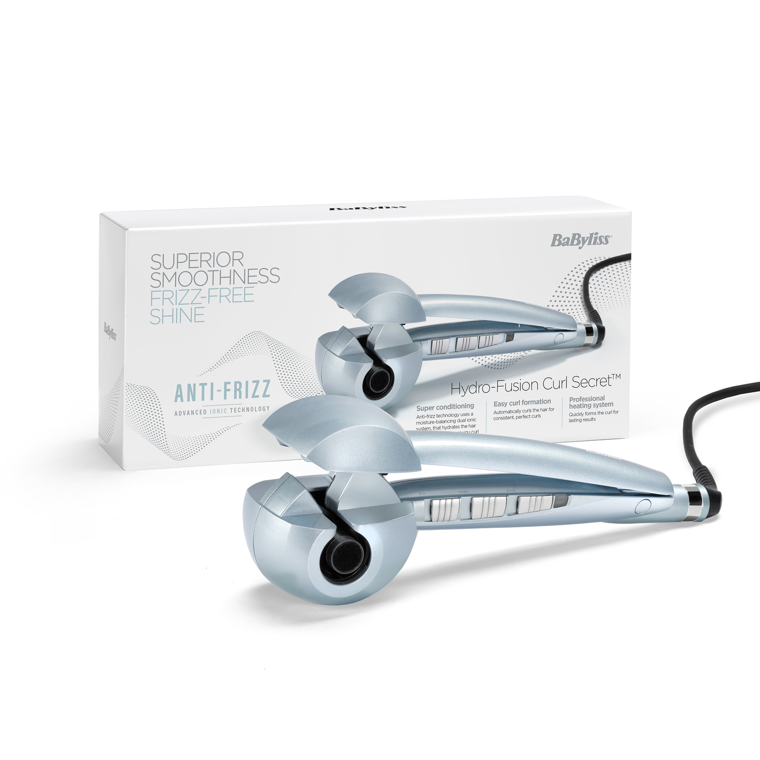 Hair curlers and box. Blue curlers on white surface, box in background.
