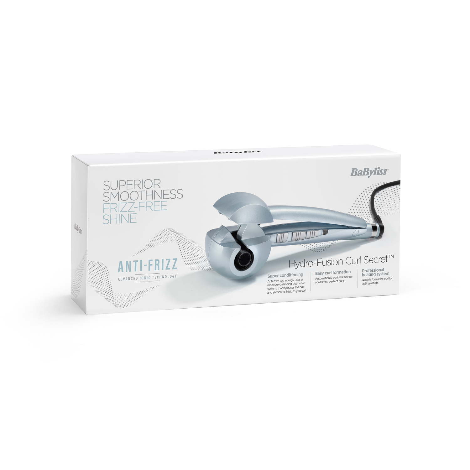 White and blue curling iron box, anti-frizz, shine.