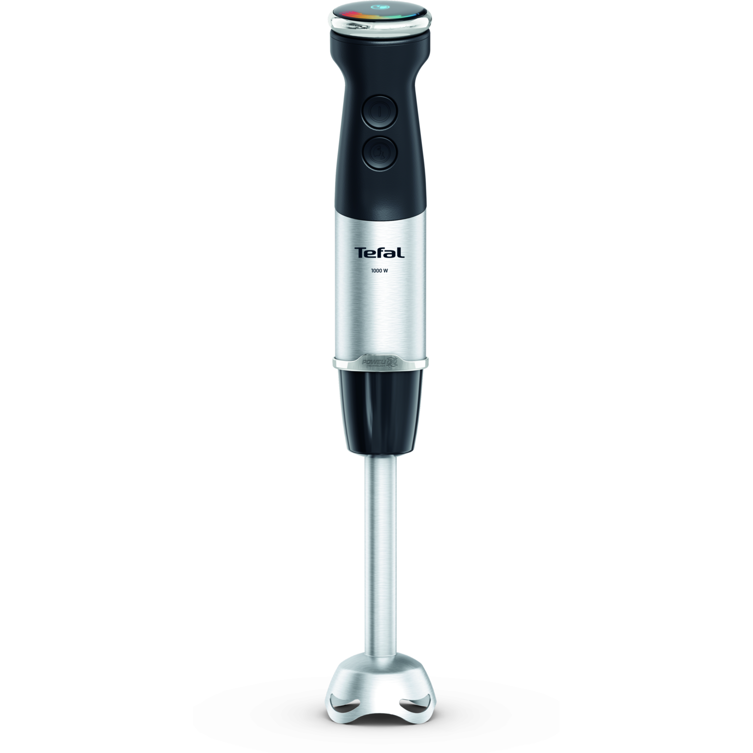 Tefal immersion blender. Black and silver. Two buttons and a dial at the top.