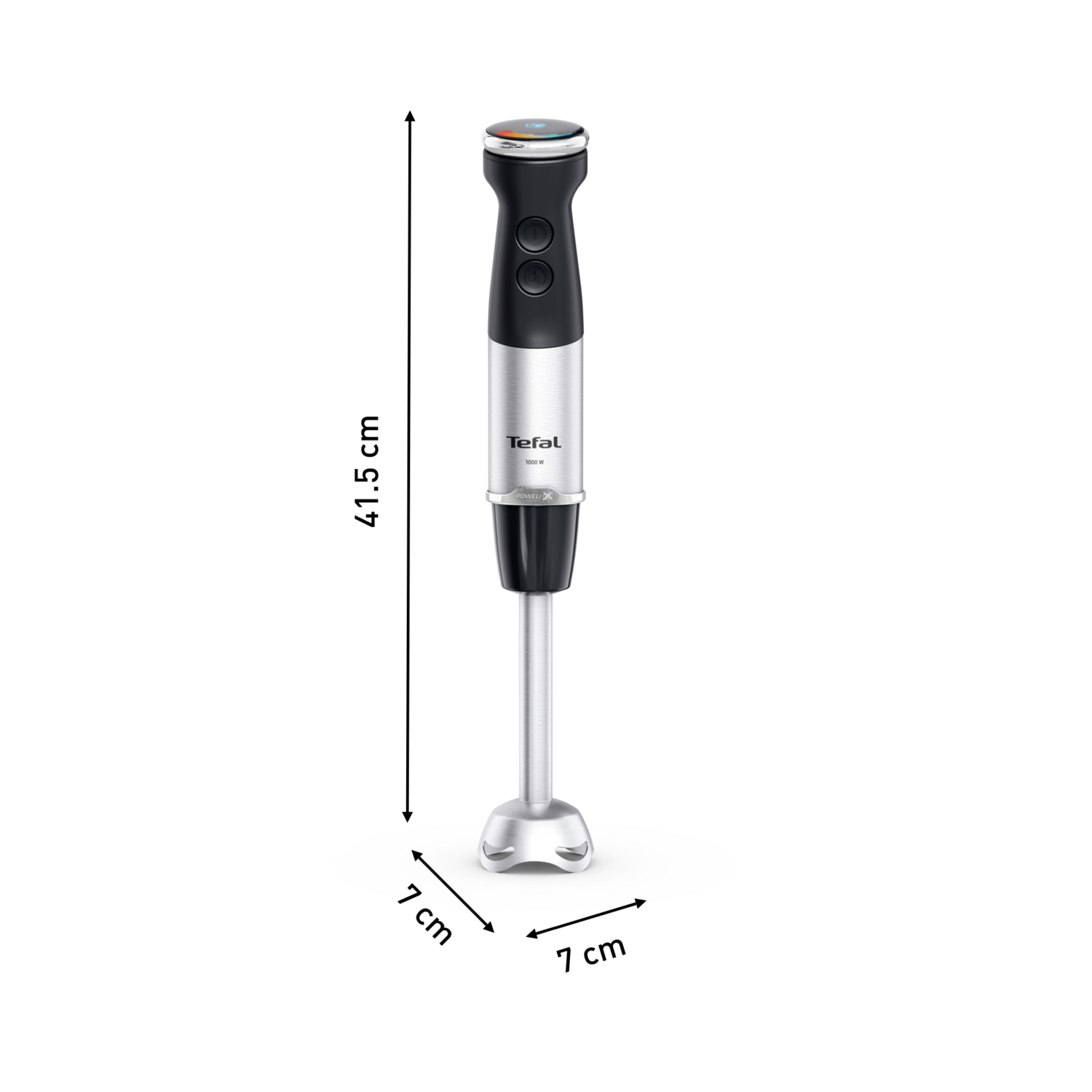 An immersion blender, silver and black, measuring 41.5cm in height and 7cm in width.