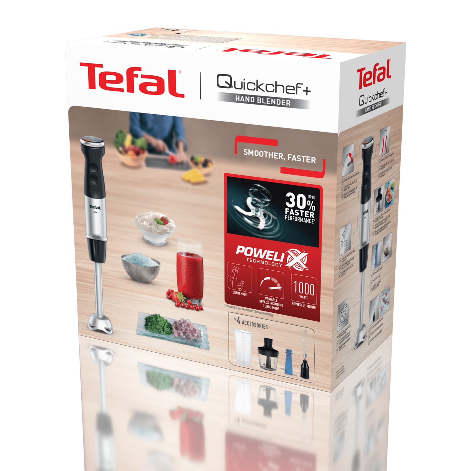 A Tefal Quickchef+ hand blender box, showing the blender and accessories.