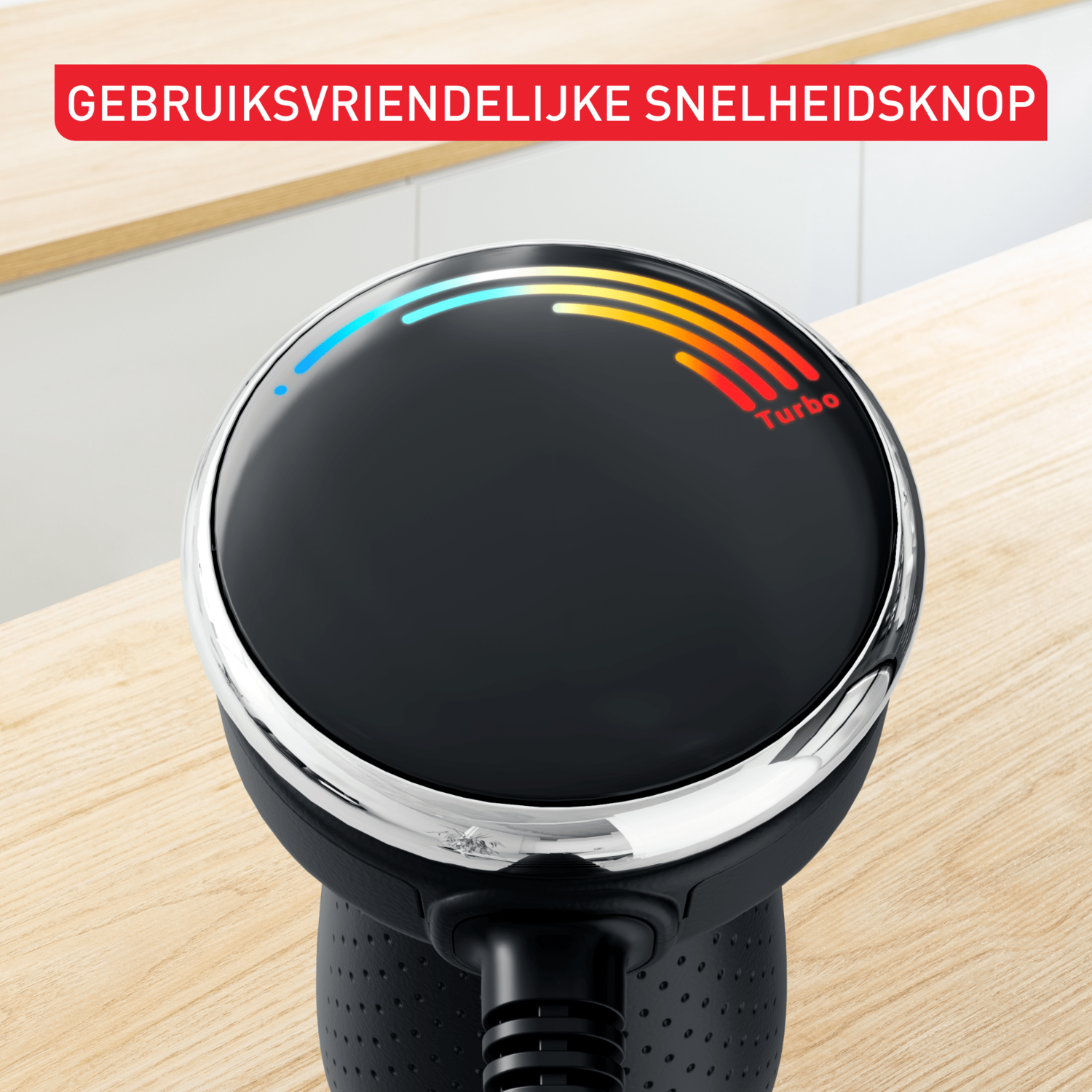 Een zwarte snelheidsregeling met een blauwe, witte, gele en rode lichtindicator.