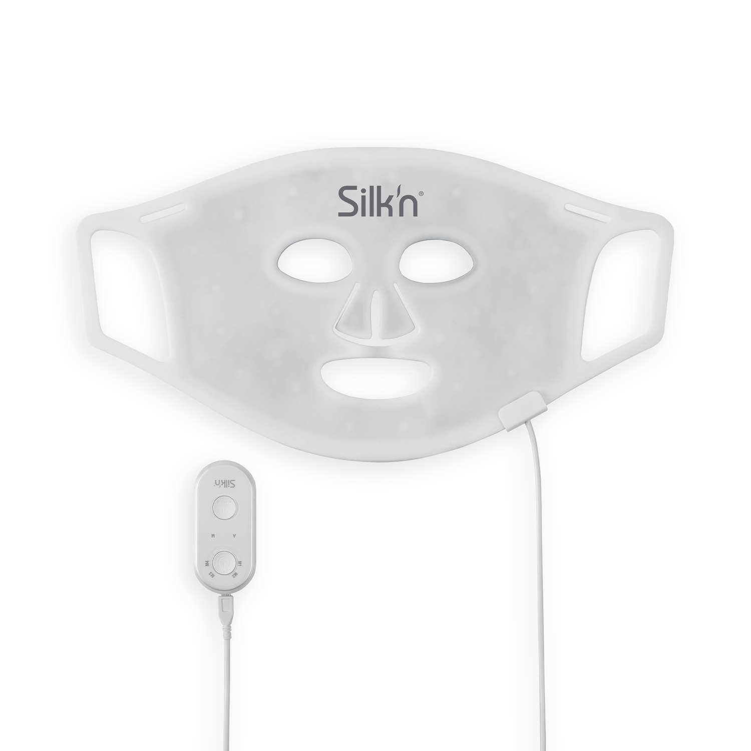 Wit gezichtsmasker met gaten voor ogen en mond, met een bedieningspaneel.