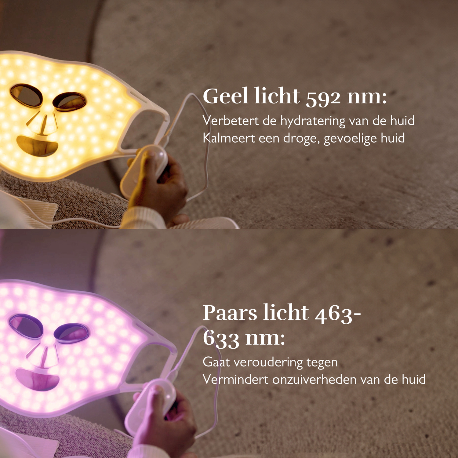 Persoon die een lichttherapie-gezichtsmasker gebruikt. Eén afbeelding toont geel licht, de andere paars licht.