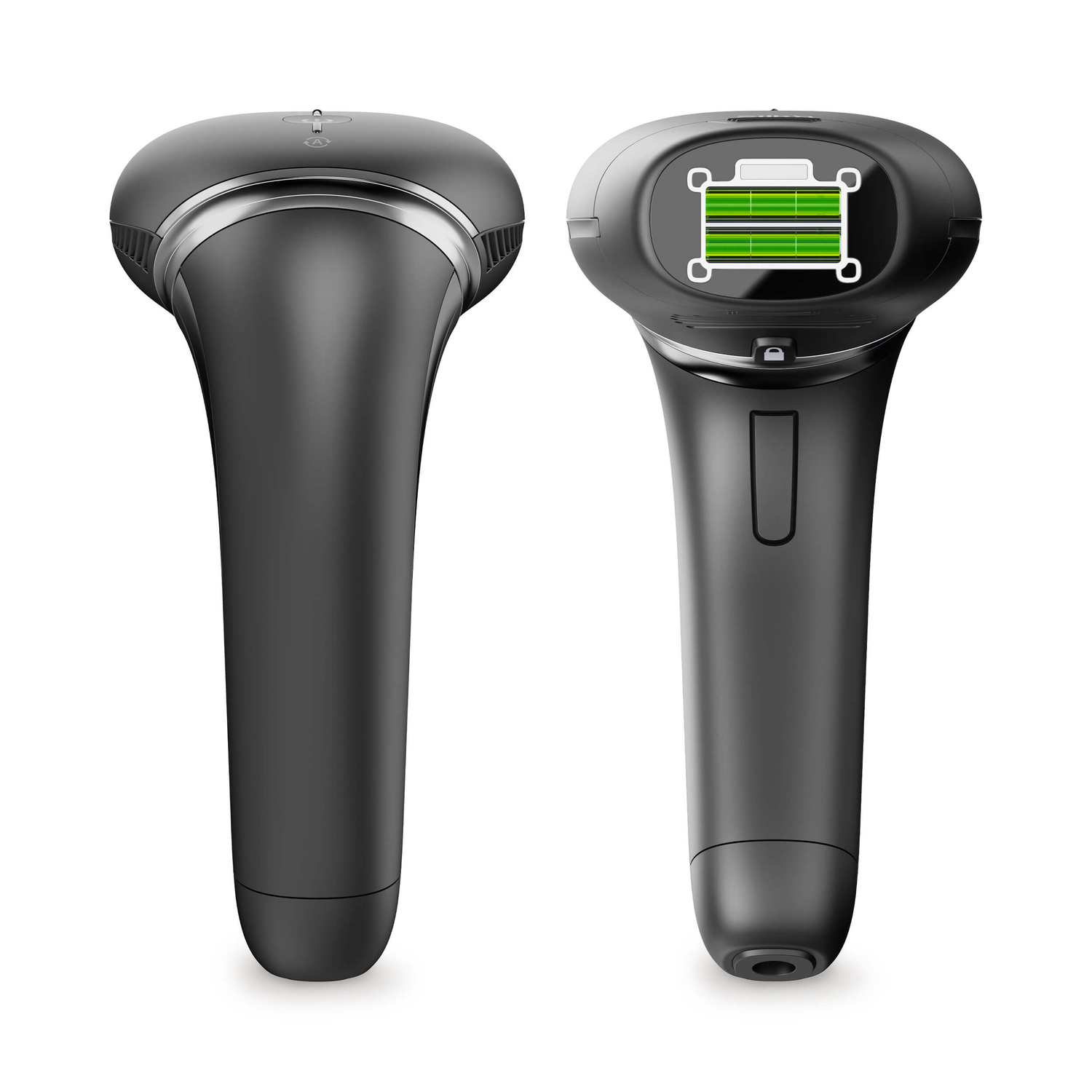 Two black shavers side-by-side on white. The right one with green and white parts.