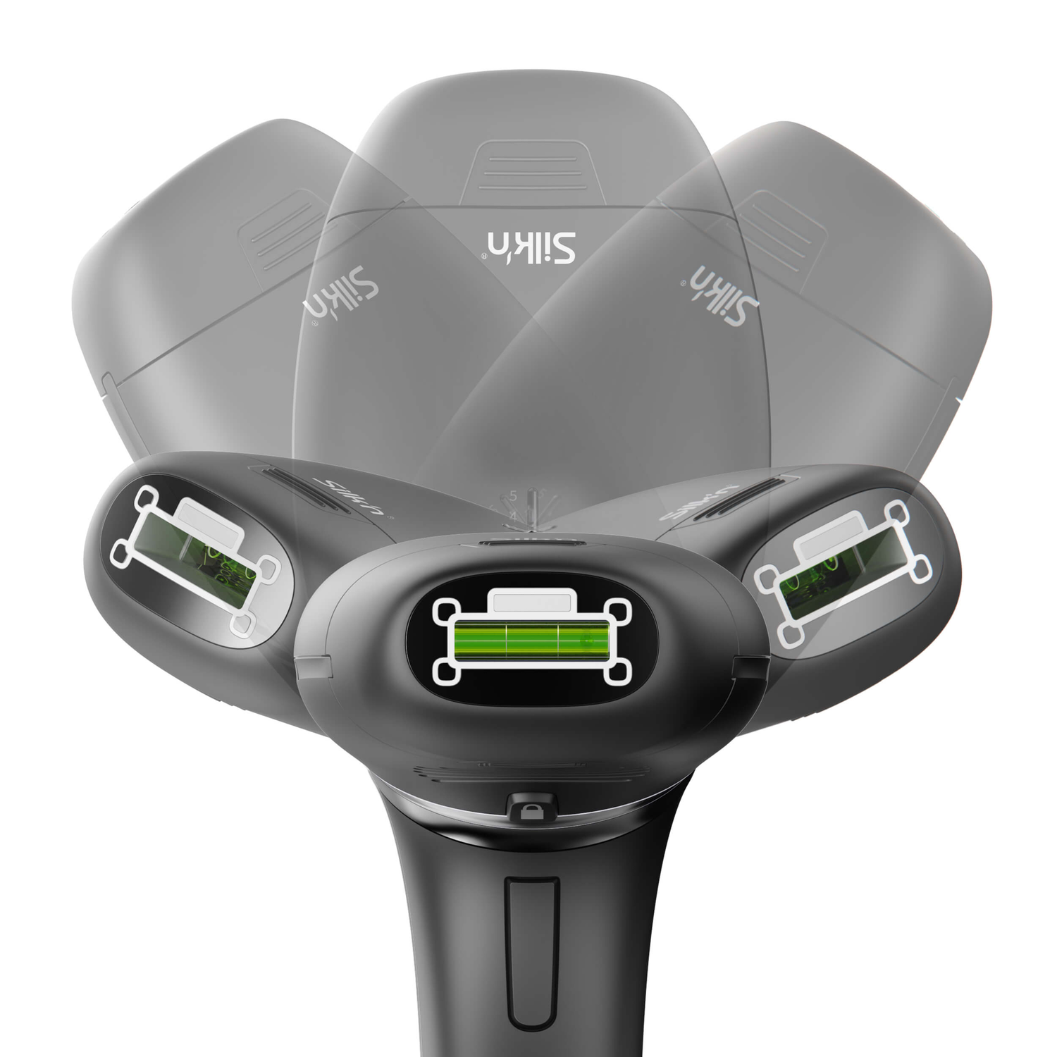 A black Silk'n hair removal device. It has three rotating heads and a battery indicator.