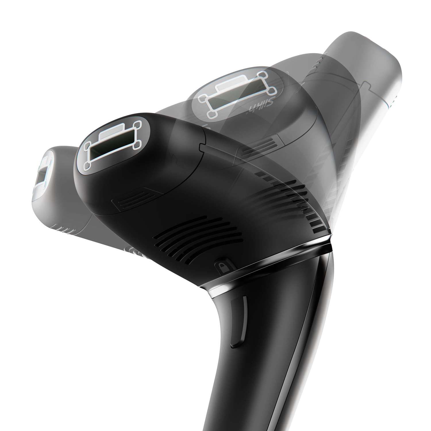 Black hair removal device in motion. It shows the device in a series of tilted positions.