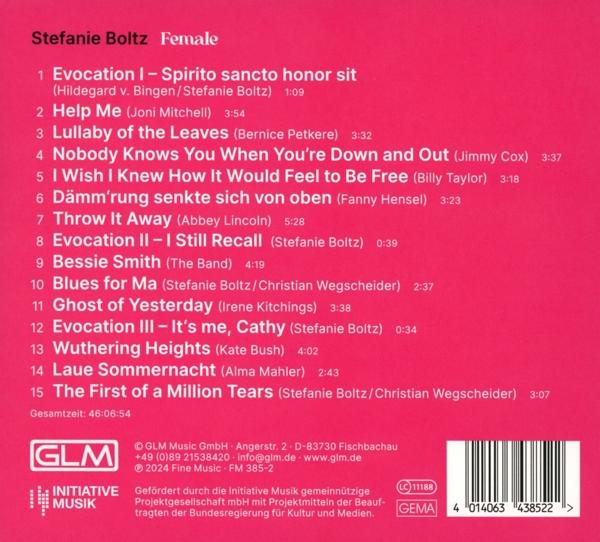 Albumcover mit Text. Listet Songs aus dem Album "Stefanie Boltz - Female" auf.