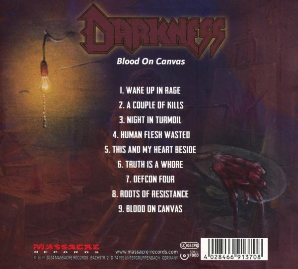 Album-Rückseite. Titelliste: Darkness - Blood On Canvas. Rotes und schwarzes Design.