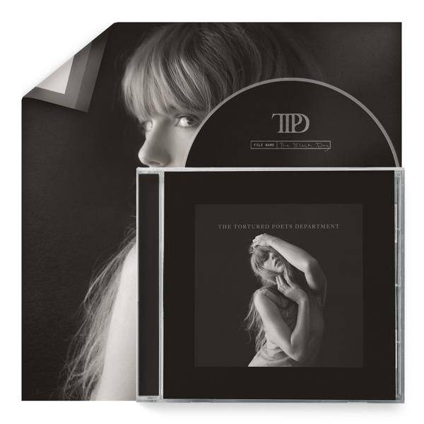 Albumcover: Eine CD-Hülle und eine CD mit dem Albumtitel „The Tortured Poets Department“ von Taylor Swift.