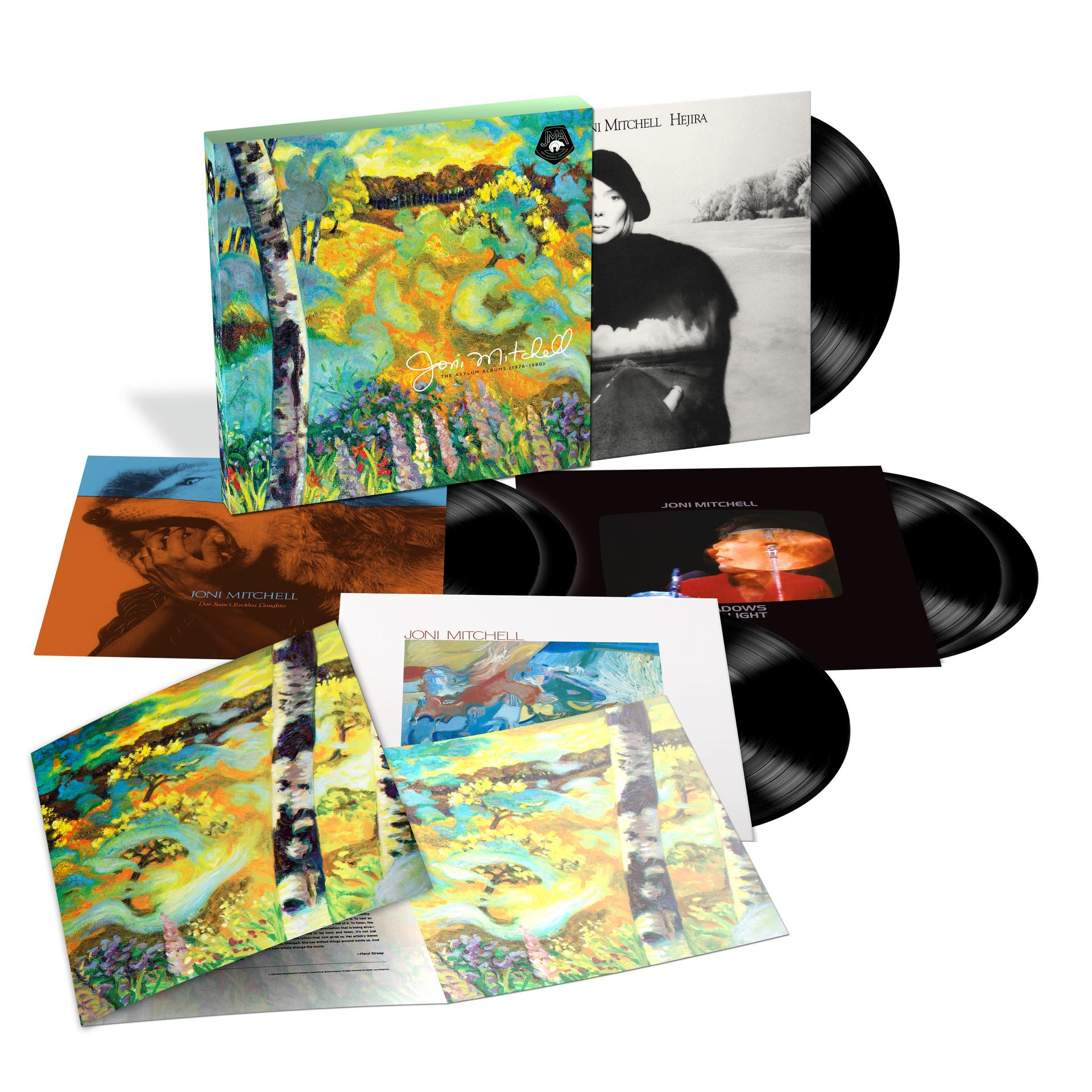 Vinylplatten-Set. Mehrere Albumcover und Platten. Joni Mitchell Album-Artwork.