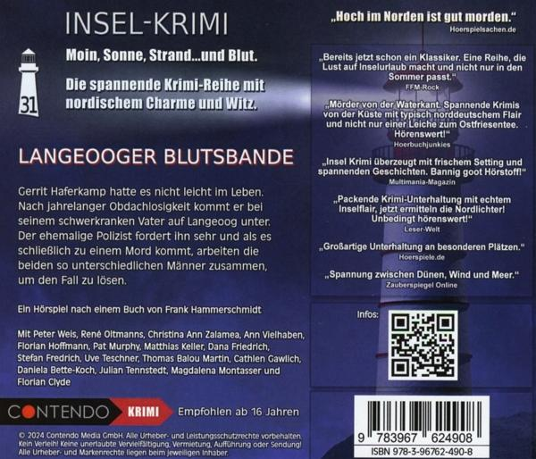 Buchcover mit deutschem Text über einen Krimi mit Leuchtturmillustration.
